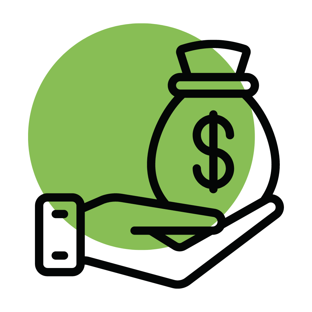 Icon of a hand holding a money bag with green background